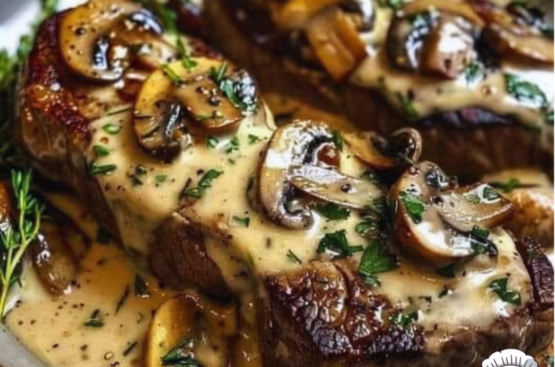 Pan-Seared Garlic Butter Steak with Mushroom Cream Sauce