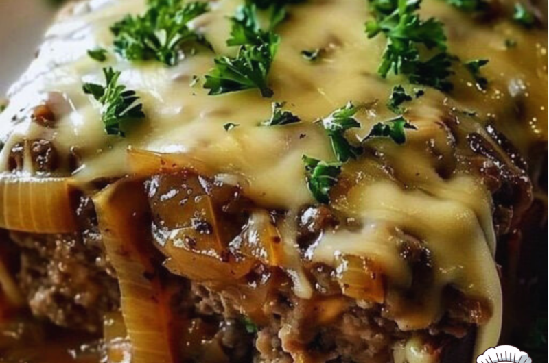 Crockpot French Onion Meatloaf with Melted Swiss Cheese