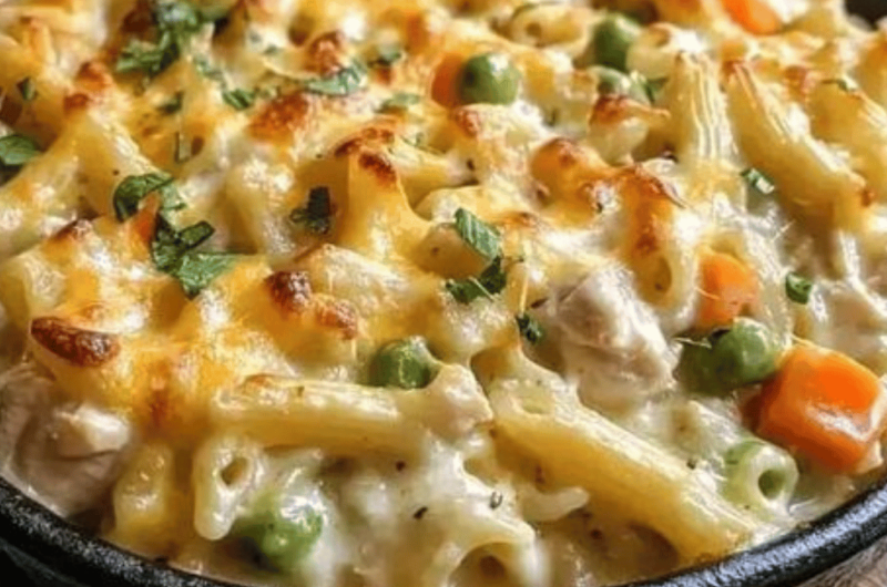 Creamy Chicken Pot Pie Pasta Bake