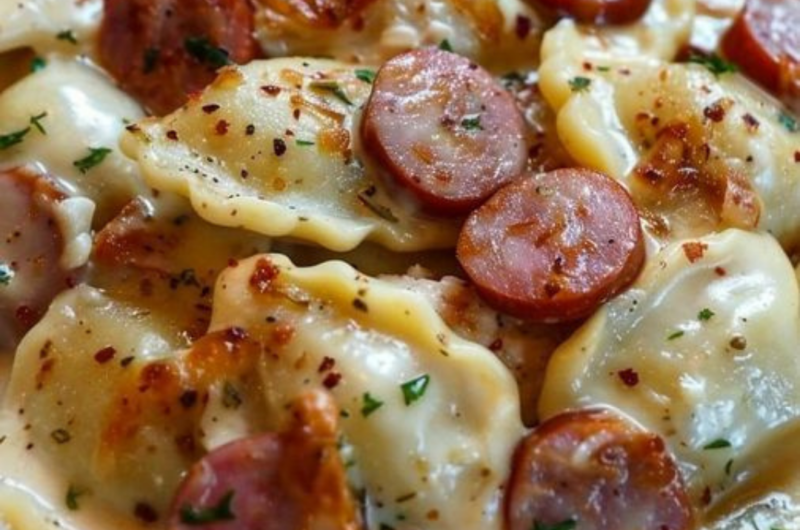 Crockpot Pierogi Casserole with Kielbasa