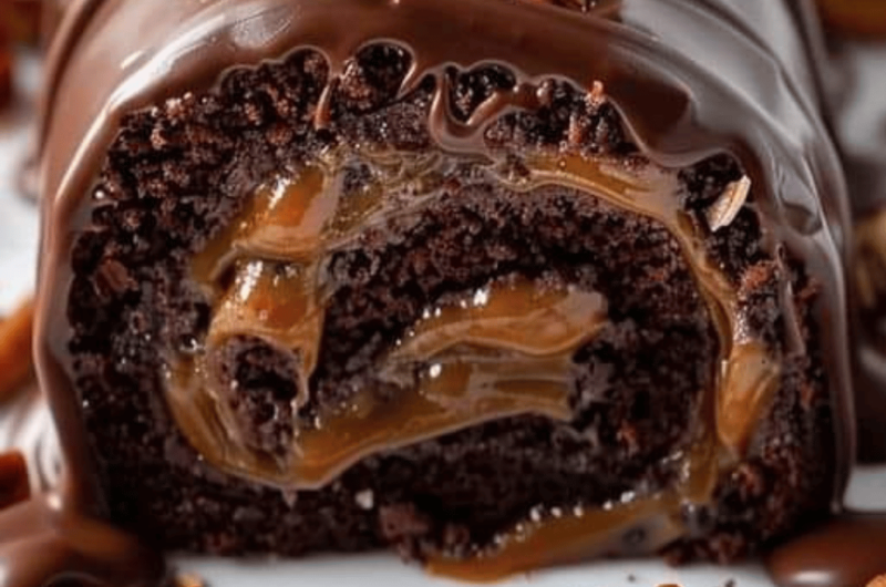 Gooey Chocolate Caramel Turtle Cake Roll