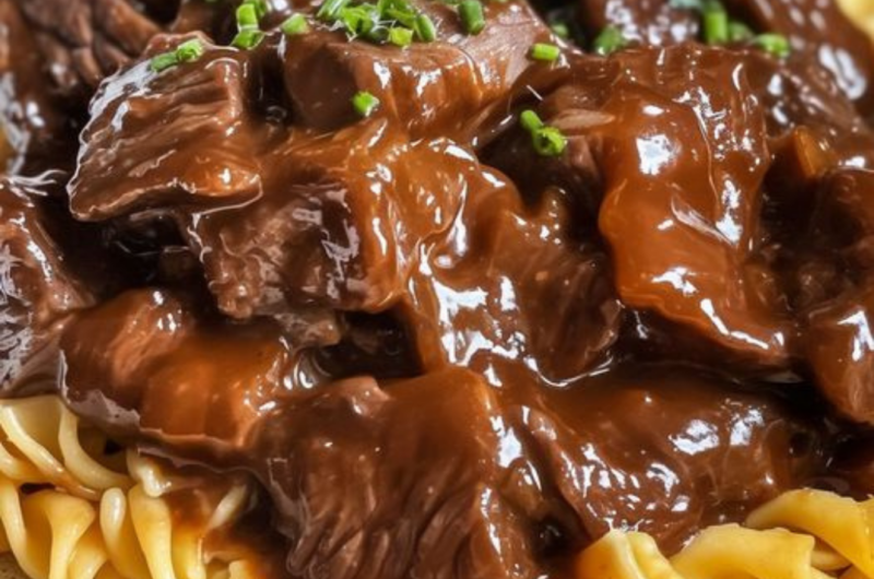 TREMENDOUS CROCKPOT BEEF TIPS & NOODLES