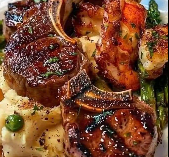 Lamb chops over lobster Mash with Asparagus