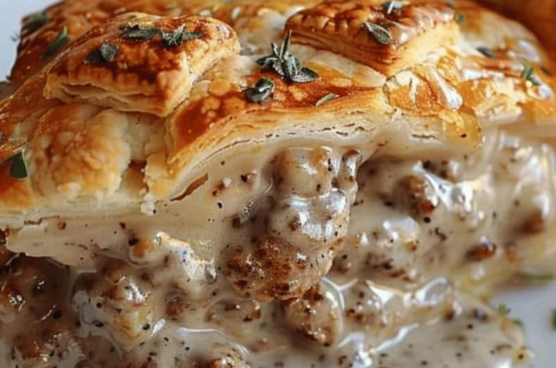 Sausage gravy nad Biscuit pie