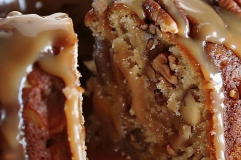 Apple Pecan Cake with Caramel Glaze