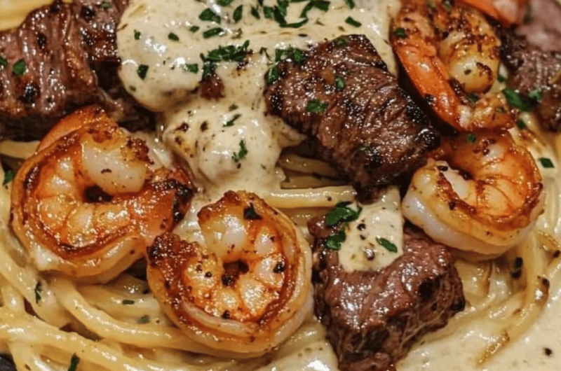 Cajun Shrimp and Steak Alfredo Pasta