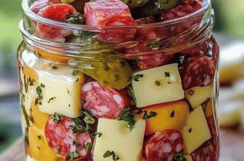 Easy Marinated Cheese Appetizer with Salami & Pickles