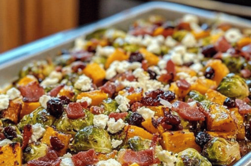 Roasted Brussels Sprouts and Butternut Squash with Bacon, Cranberries, and Feta