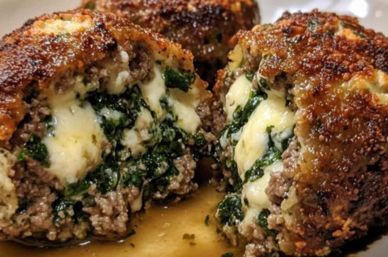 Spinach Garlic Meatballs Stuffed with Mozzarella